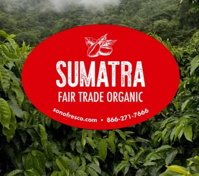 Sumatra FTO green coffee beans label displayed over lush Indonesian coffee plants