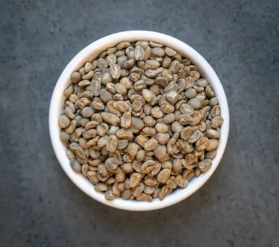 Bowl of Sumatra FTO unroasted green coffee beans