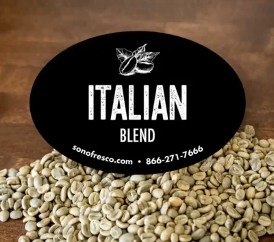 Italian Blend green coffee beans displayed with Sonofresco label on a wooden table.