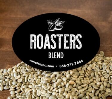 Roasters Blend Label featuring bags of fresh green coffee beans