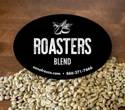 Roasters Blend Label featuring bags of fresh green coffee beans