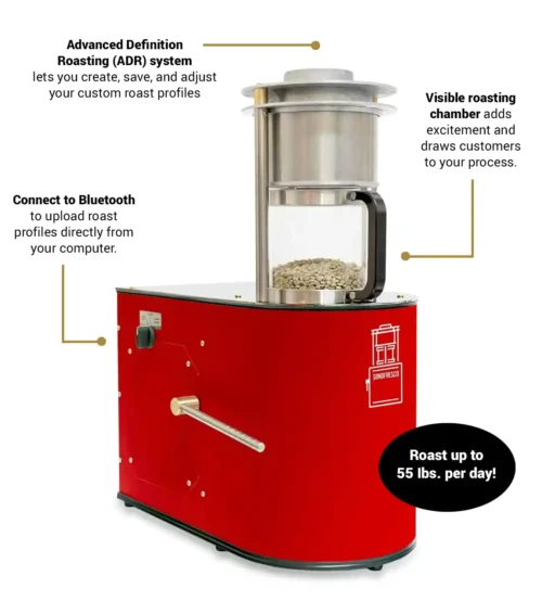 Red Sonofresco 1 lb coffee roaster showing visible roasting chamber, Bluetooth connection, and ADR system features