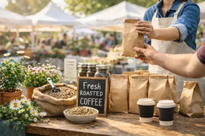 Fresh roasted coffee being sold at a spring farmers market booth