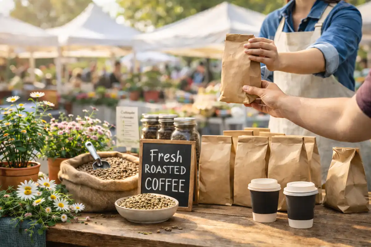 Fresh roasted coffee being sold at a spring farmers market booth