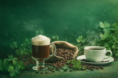St. Patrick’s Day coffee drinks with Irish coffee, fresh brewed coffee, roasted beans, and shamrocks