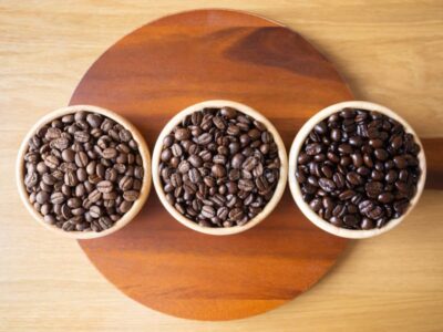 Three bowls showing different roast levels of the same coffee